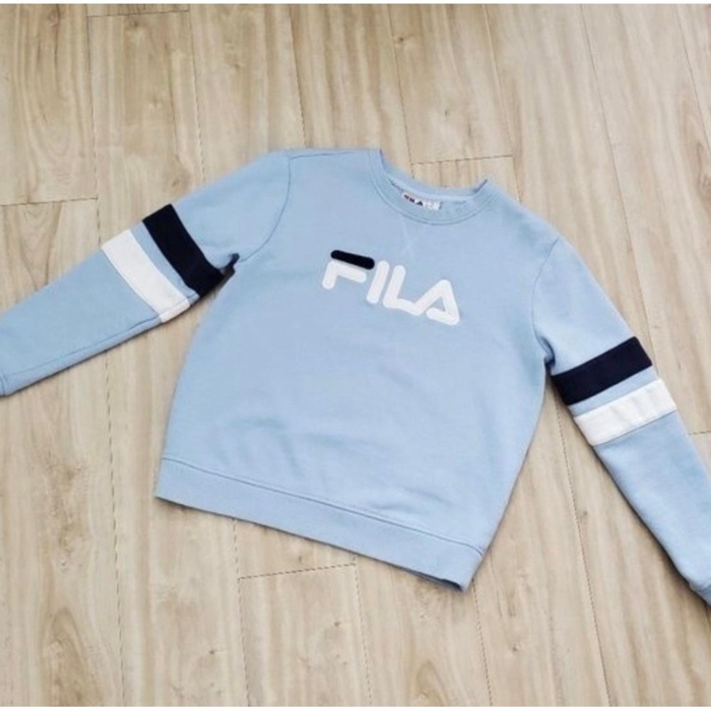FILA Women's Light Blue Crewneck Sweatshirt Embroidered‎ Logo Stripe Size MD